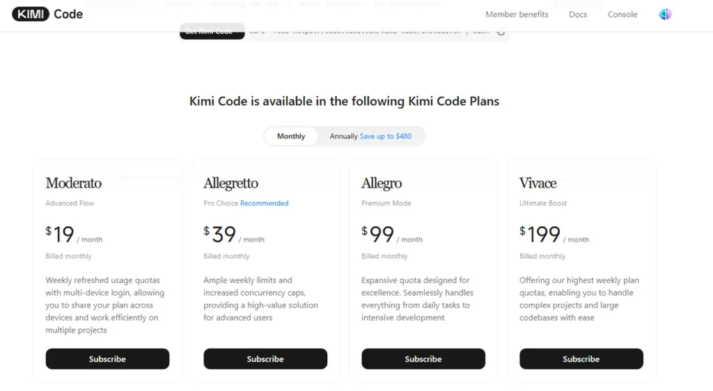 Kimi ai Code Kimi Code is available in the following Kimi Code Plans