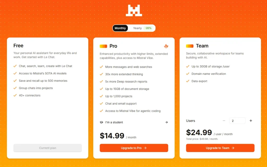 Pricing Mistral AI Le Chat